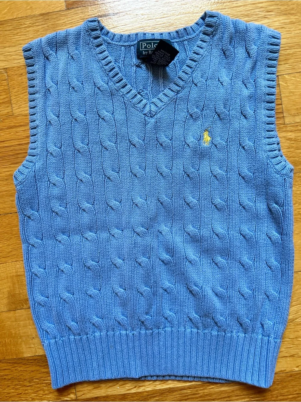 Polo by Ralph Lauren Light Blue with Yellow Pony Cable-Knit V-Neck Sweater Vest
